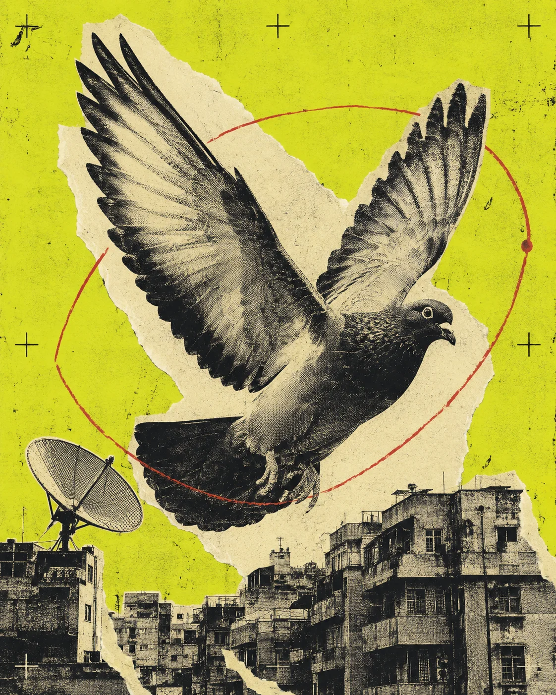 A halftone pigeon spreads its wings over Cairo rooftops in a torn-paper collage