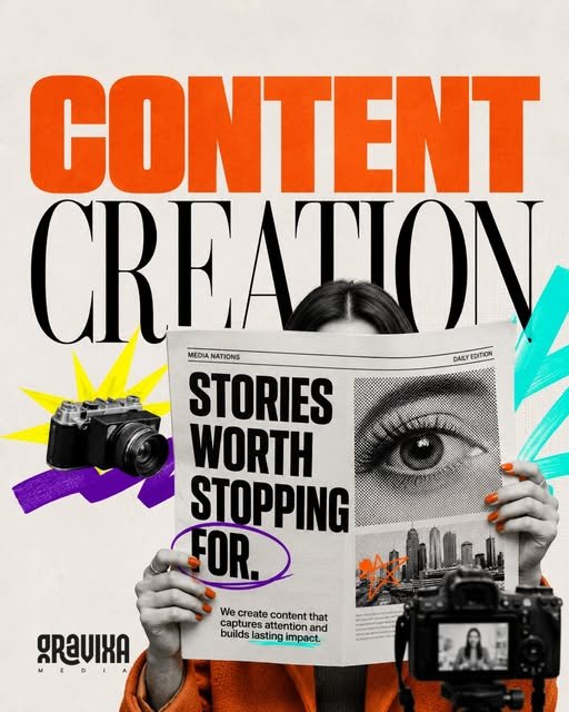 Gravixa content creation poster with a newspaper, photographic collage and oversized orange headline