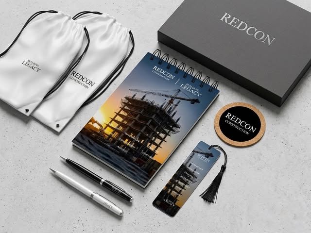 Redcon Construction printed brand materials presented in a Gravixa portfolio post